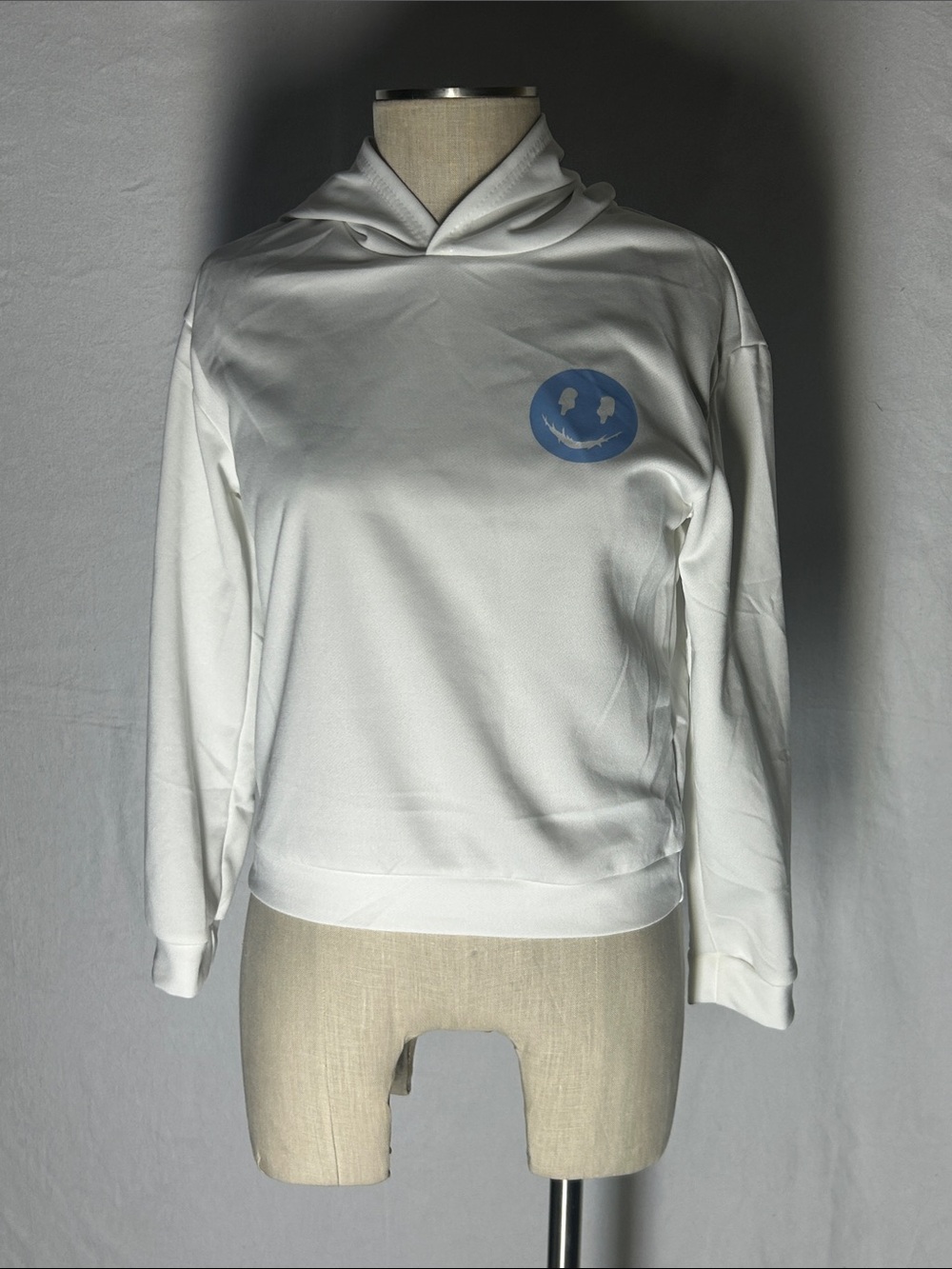 White Hooded Sweatshirt with Blue Smiley Logo